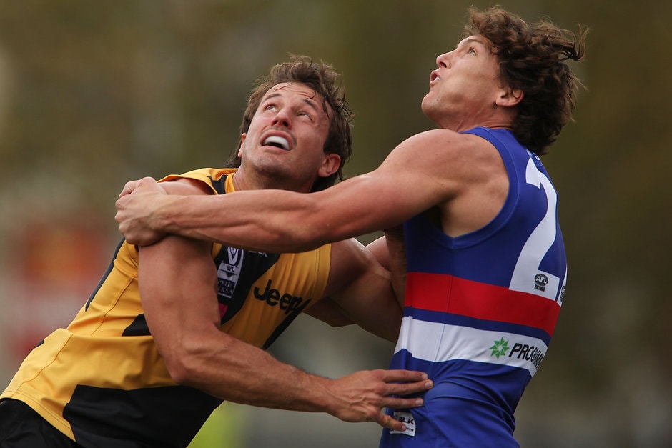 VFL 2016 Rd 02 - Richmond v Footscray MELBOURNE, AUSTRALIA - APRIL 16: Ivan Maric of Richmond (L) and Will Minson of the Footscray Bulldogs battle in the ruck during the round two VFL match between the Richmond Tigers and the Footscray Bulldogs at Punt Road Oval on April 16, 2016 in Melbourne, Australia. (Photo by Jack Thomas/AFL Media/Getty Images)